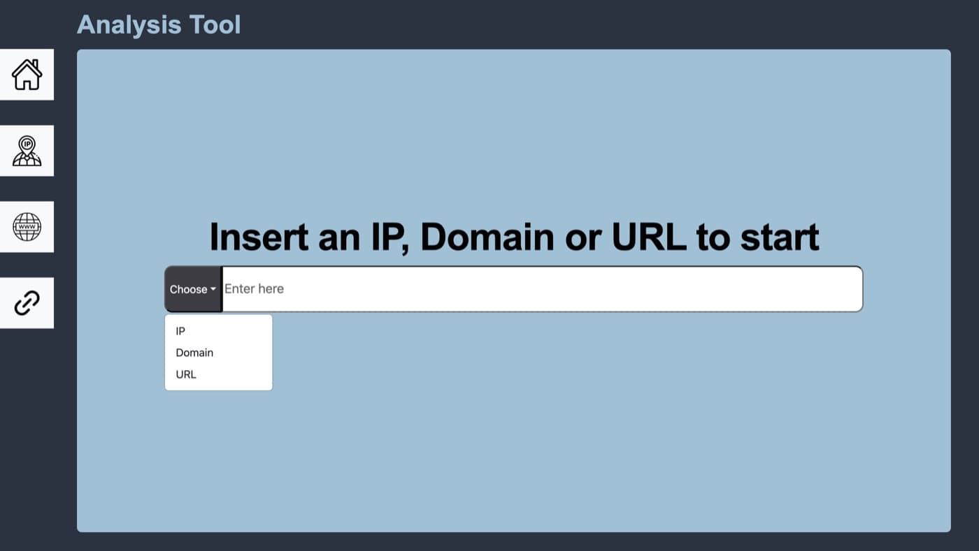 The Analysis Tool start screen, with a field to enter an IP, domain, or URL and a dropdown to pick which.
