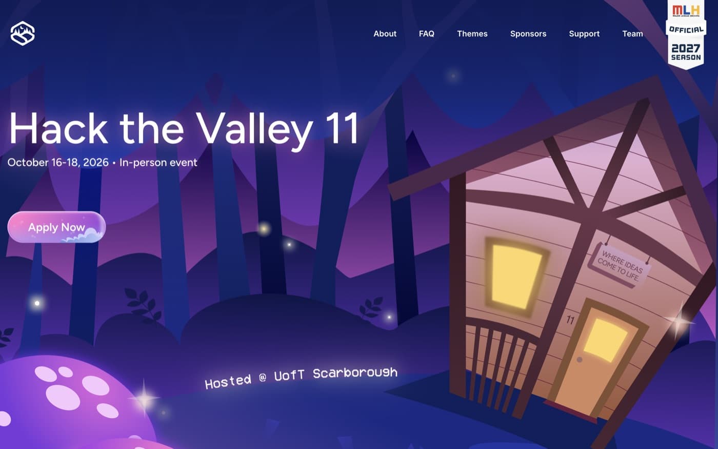 The Hack the Valley 11 landing page: an illustrated night forest with a lit cabin and an Apply Now button.