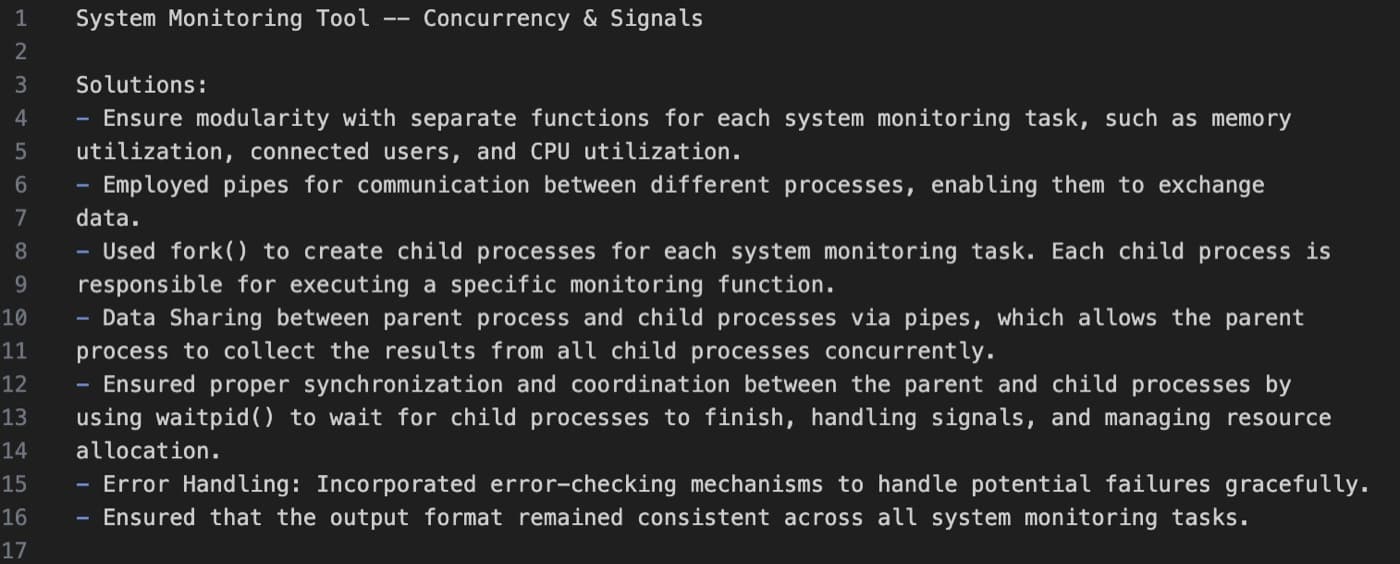 Project notes describing how the tool uses fork, pipes, and waitpid to run each monitoring task concurrently.