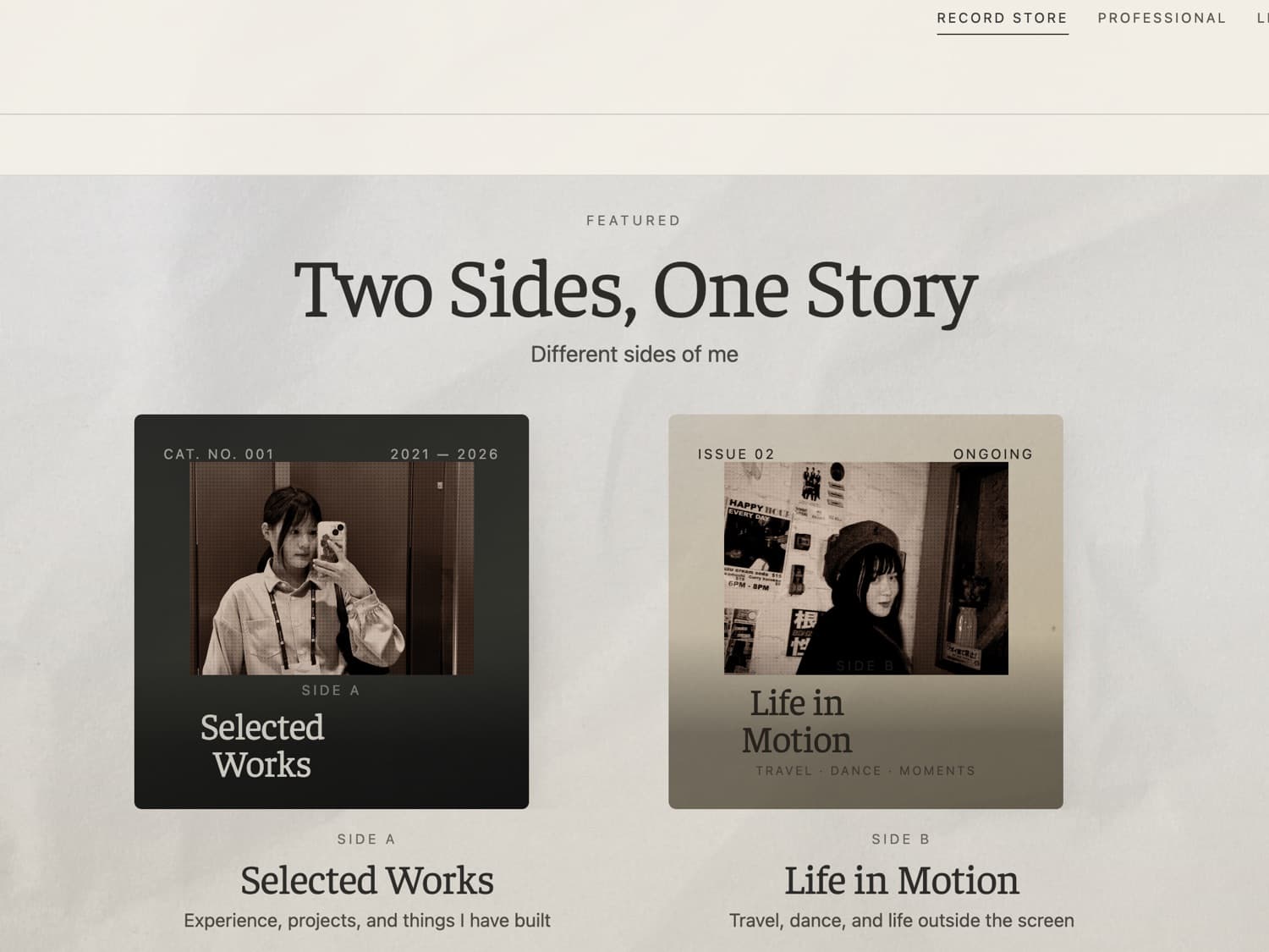The record store homepage, showing the two album covers for Selected Works and Life in Motion.