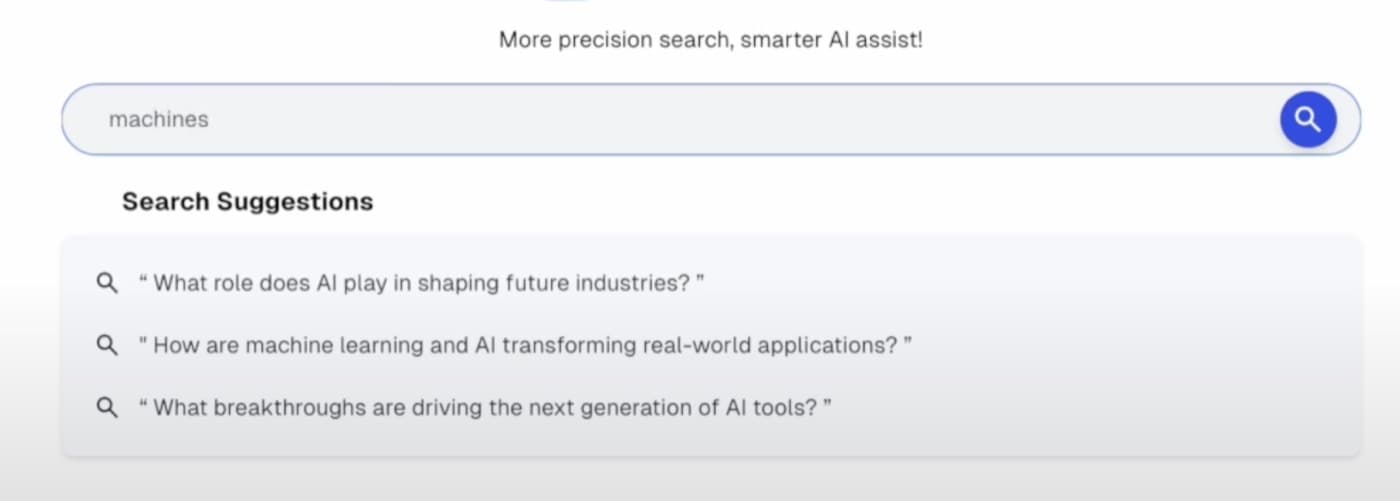 The search interface with a query typed in and a list of suggested questions below it.